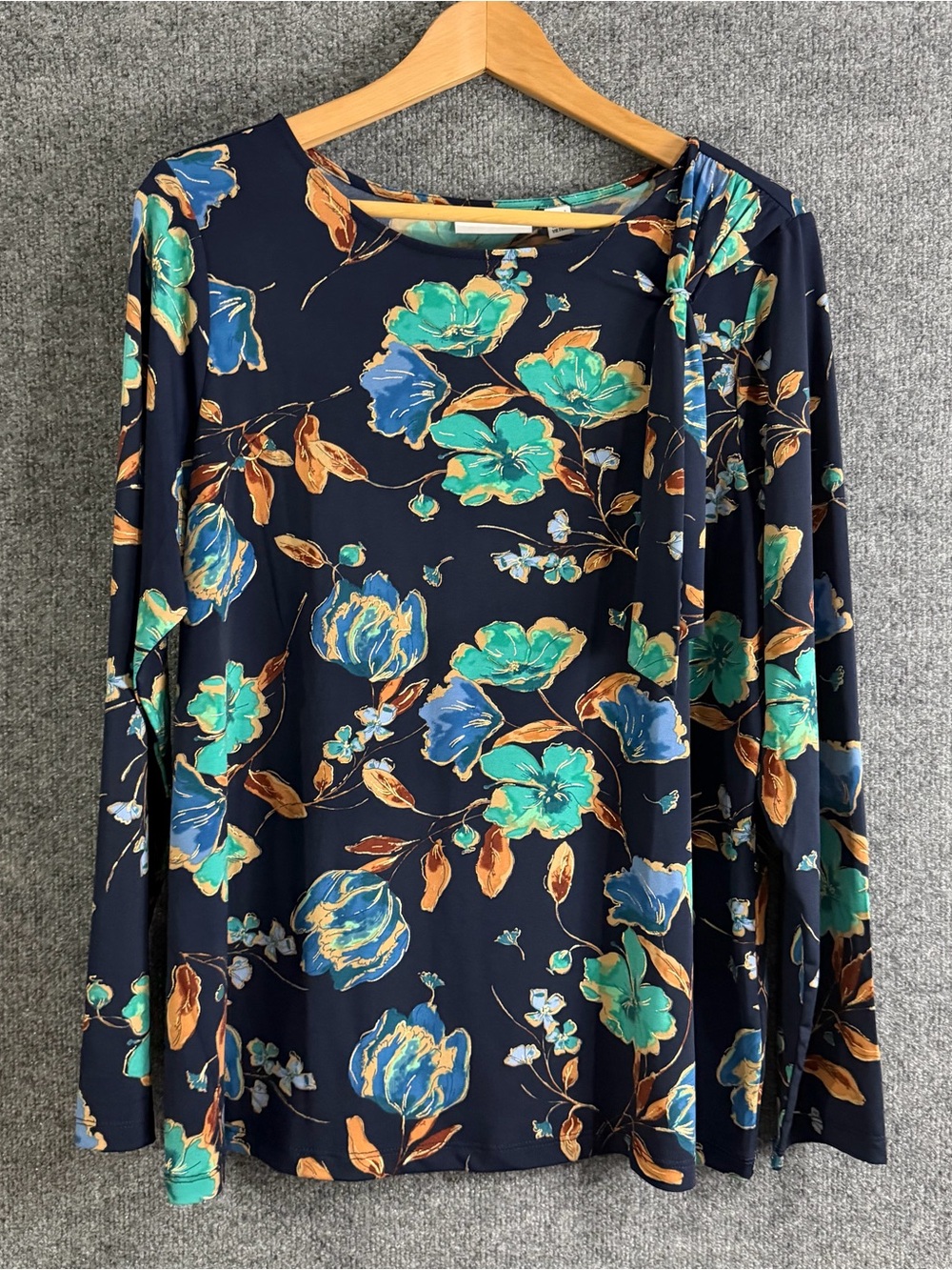 Susan Graver Womens L Liquid Knit Top Floral Twist Shoulder Navy Blue Teal